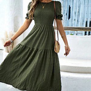 Puff Sleeve Shirred Ruffle Hem Dress
